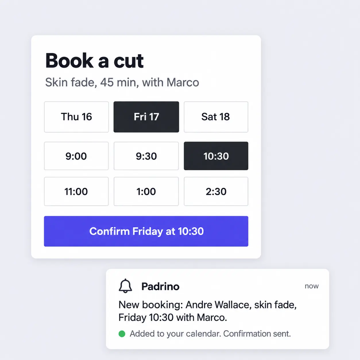 A customer booking a haircut on a website, and the booking arriving in Padrino