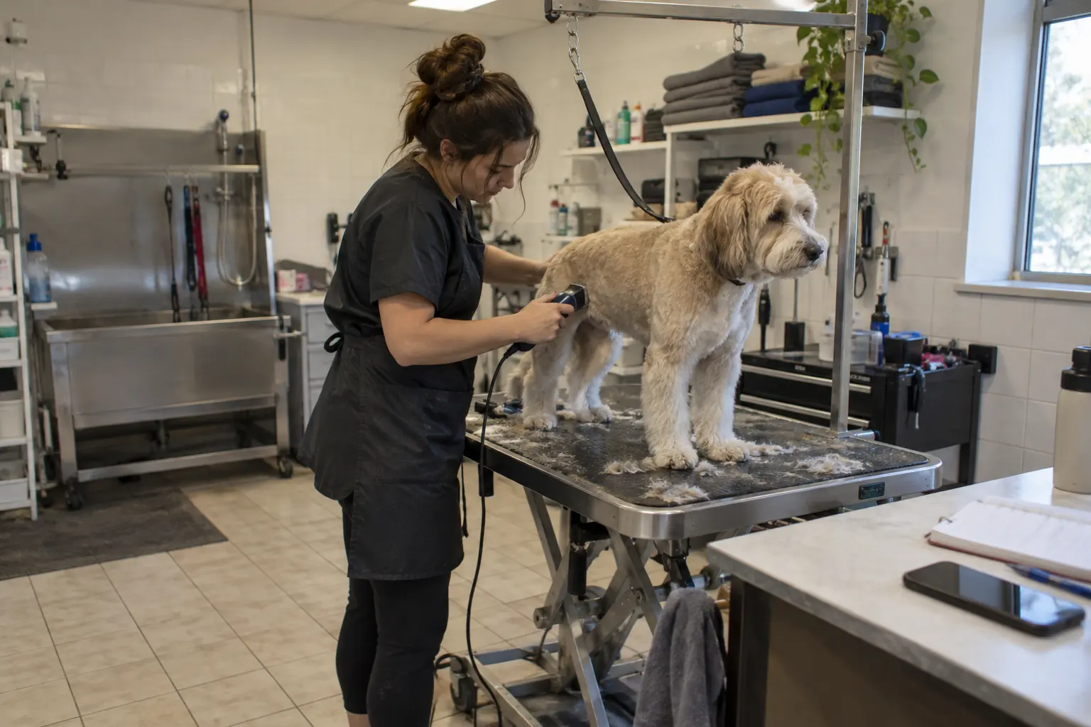 A dog groomer trimming a dog at her salon