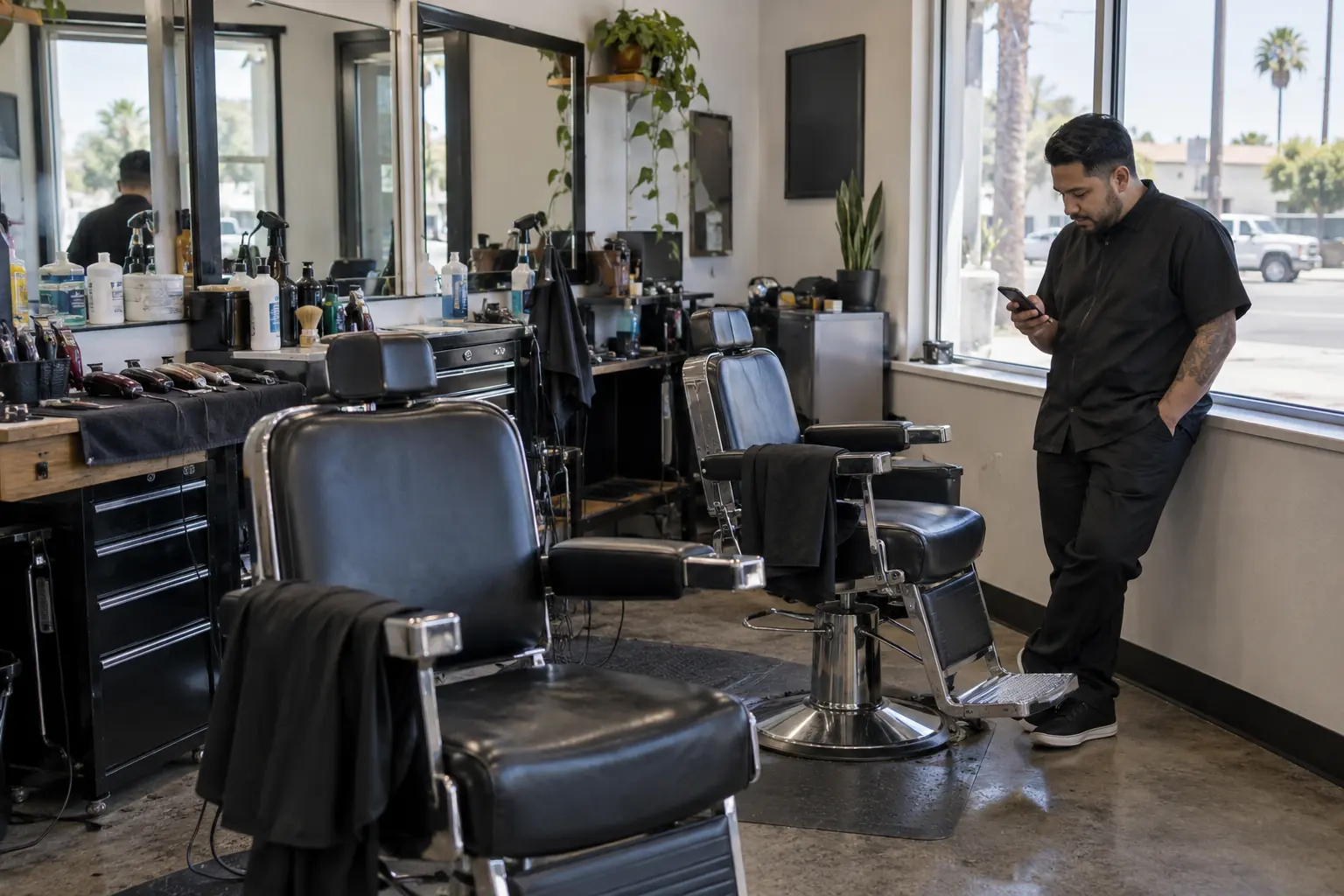 A barbershop owner checking his phone between clients